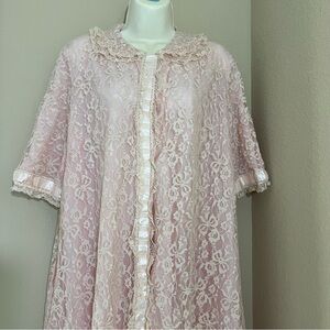 Vintage 1940s 1950s Odette Barsa Pink Cream Lace Peignoir Boudoir Robe